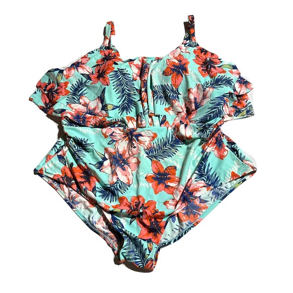 CATHERINES One Piece Swimsuit Bathing Suit Ruffles Built in Bra Floral Size 32W - Picture 1 of 12